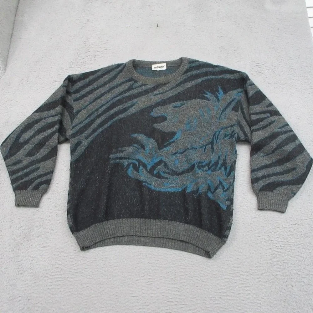 Vintage Mondo Italy Men XL Wool Dragon Zebra Graphic Sweater 80s 90s Hip Hop
